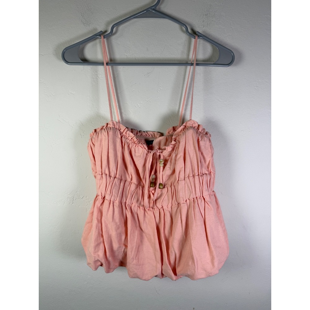 Zara Womens Pink Linen Blend Ruffle Babydoll Cami Top Small Smocked Waist Boho